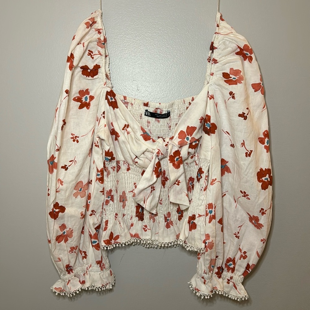 Zara Floral Smocked Crop Top - Size S